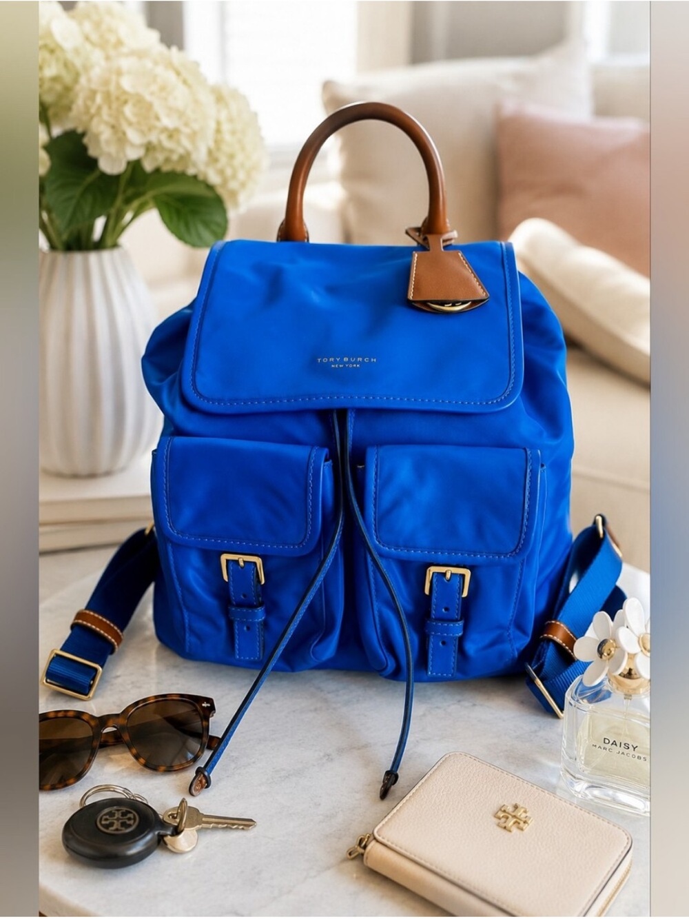 Tory Burch Perry Blue Nylon Backpack Leather Trim Gold
Hardware NWOT